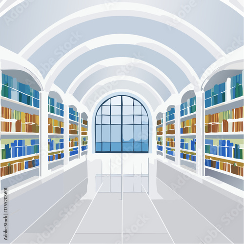 Spacious White Library Interior with Archways and Bookshelves Under Bright Skylight with Distant Mountains in Cartoon Style Book Paradise