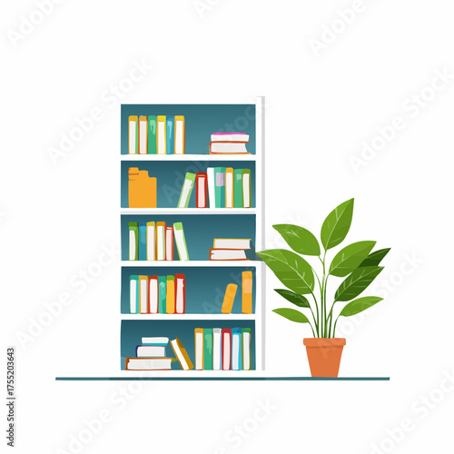 Teal Bookshelf with Colorful Books and Potted Plant Against White Background in Bright Lighting Home Decor Illustration Style Targets 150 Character Count