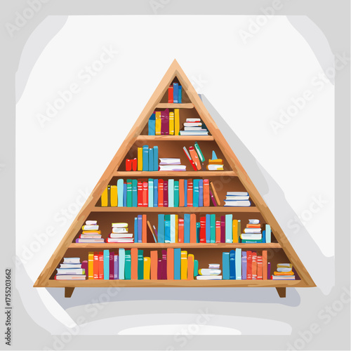 Triangle Shaped Bookshelf with Colorful Books Stacked Against a White Background and Soft Lighting Educational Concept