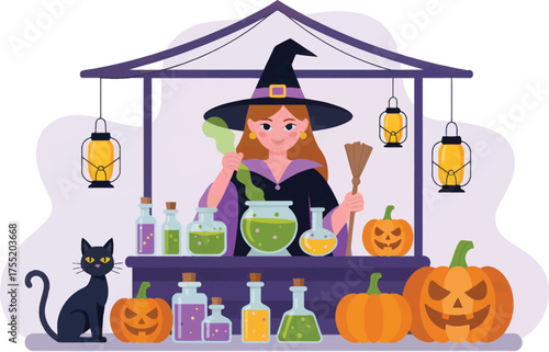 Charming Halloween witch brewing potions at a market stall, flat vector illustration for spooky season promotions and festive designs.