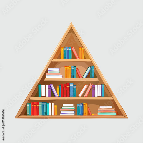 Triangular Bookshelf Filled with Colorful Books Against White Background Illustration