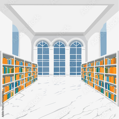 Pixel Art Library Interior with Bookshelves and Arched Windows in Blue and White Hues