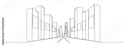 City landscape panorama in one continuous line drawing. Modern buildings and skyscrapers in cityscape in simple linear style. Perspective blueprint in editable stroke. Outline vector illustration