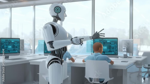 Students and Robot Collaborate in Futuristic Computer Lab. Video.