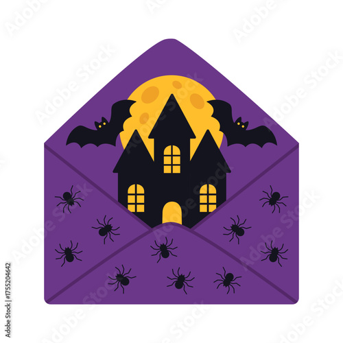 Purple Halloween envelope featuring a haunted house with bats, moon and spiders. Dark and mysterious design for card, spooky party invites. Flat vector. Hand drawn.