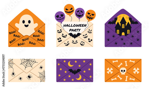 Set of colorful Halloween envelopes with spooky designs including ghost, bats, pumpkin faces, skulls, bones, spiders, webs and haunted house. For party invitations, card or festive decor. Flat vector.