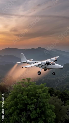 Agricultural Plane Spraying Crops at Sunset in Mountain Valley. Video.