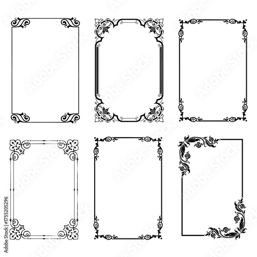 Collection of six ornate vintage decorative flourish borders and frames with elegant scrollwork and swirls