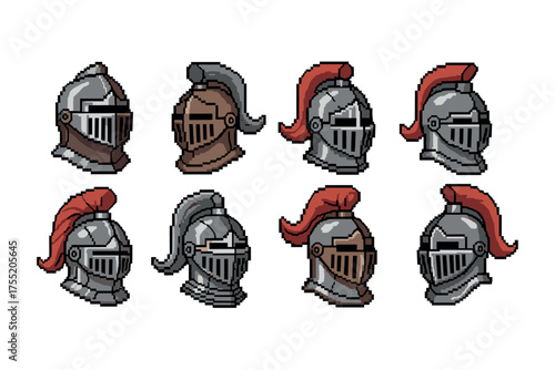 Pixel art medieval knight helmets collection with red and gray designs