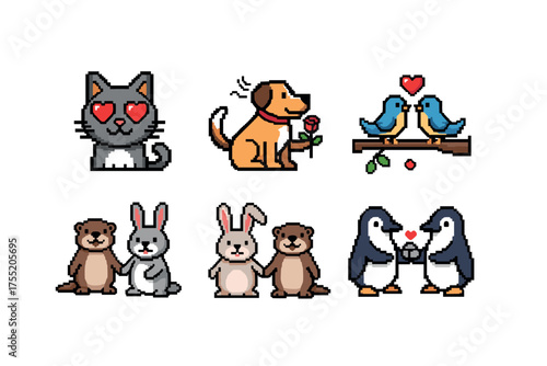 Adorable pixel animals in love: cats, dogs, birds, rabbits, otters, penguins with hearts