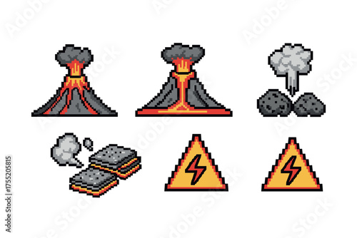 Pixel art volcanoes and lava rocks with warning signs in retro gaming style