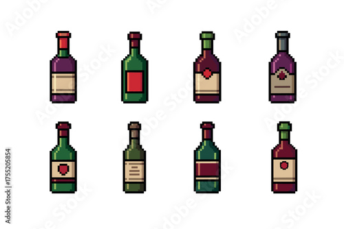 Pixel art wine and liquor bottles in various colors and designs
