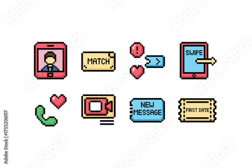 Retro pixel icons of online dating and communication on white background