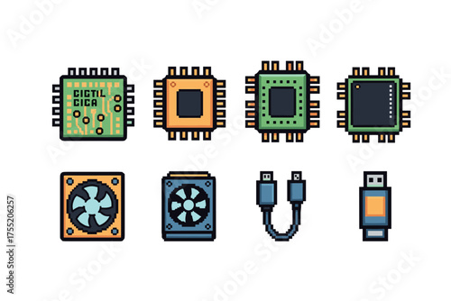 Pixel art computer components with microchips, fans, cables, and usb drive icons