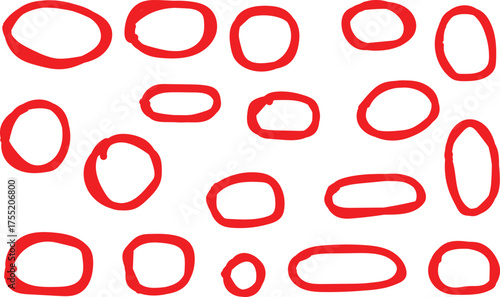 Collection of irregularly shaped red circles and ovals drawn by hand on a white background