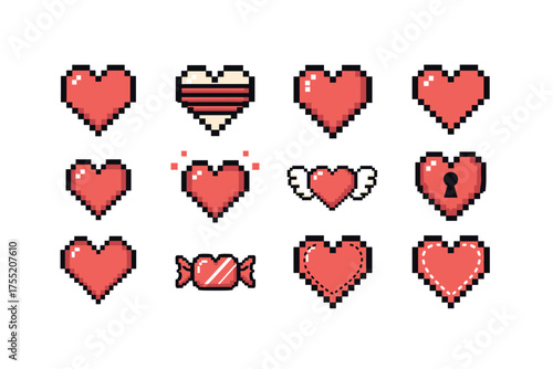 Pixel art hearts collection with wings, lock, and candy designs on white background