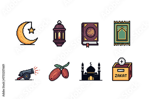 Ramadan symbols collection: crescent, lantern, quran, prayer rug, cannon, dates, mosque, zakat box
