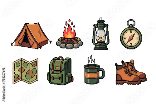Camping essentials: tent, campfire, lantern, compass, map, backpack, mug, boots