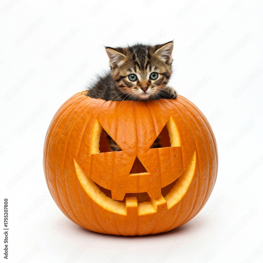 Fototapeta premium Tabby Cat Sitting Inside Jack-o'-Lantern Pumpkin Surrounded by Autumn Leaves – Halloween Concept