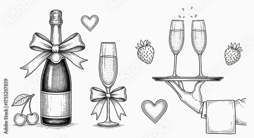 Celebrate special moments with bubbly champagne, elegant crystal glasses, and sweet strawberries for a delightful and romantic touch to any occasion