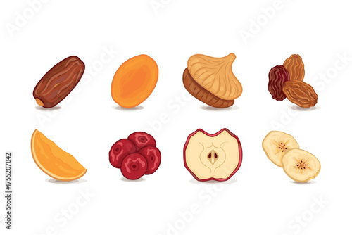 Assorted dried fruits on white background: dates, apricots, figs, raisins, apple, banana, cranberry