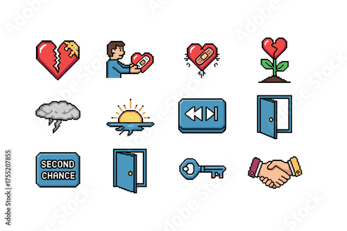 Cartoon icons of broken hearts, healing, and new beginnings with second chances