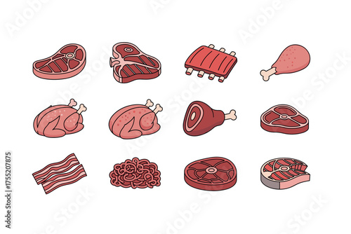 Variety of raw meat cuts including steak, ribs, chicken, bacon, and sausage