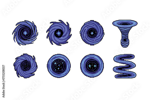 Eight stylized galactic vortex designs with blue and black starry patterns