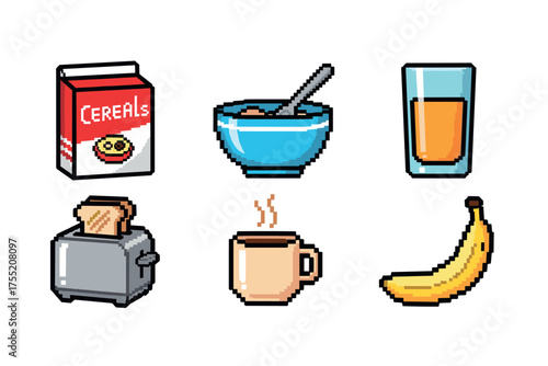 Retro breakfast items with cereal box, bowl, juice, toaster, coffee mug, and banana in pixel art