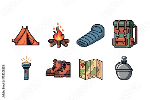 Pixel art camping gear icons: tent, campfire, sleeping bag, backpack, and more