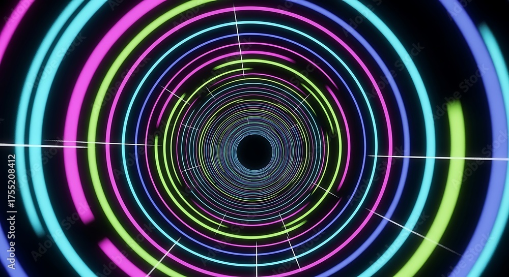 Obraz premium Vibrant Neon Tunnel with Concentric Circles and Grid Lines.