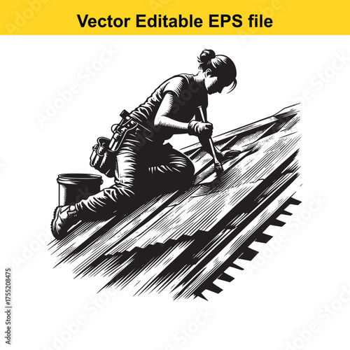 Vector art of female roofer working on a sloped roof, applying sealant or paint
