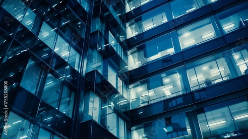 Wallpaper Mural Angular Facade of a Modern Glass Office Skyscraper at Night with Cool Blue Tones. Ideal for global finance, IT, cybersecurity, or corporate technology concepts. Torontodigital.ca
