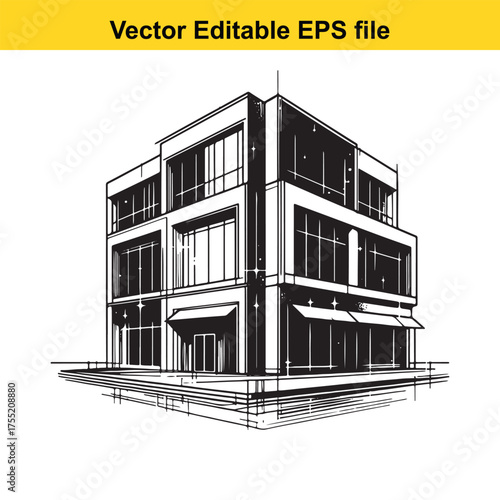Vector art of a black and white architectural sketch of a modern multistory building isolated on a