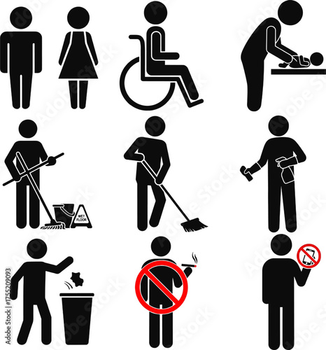 Public Restroom, Cleaning, and Prohibited Sign Icons Set