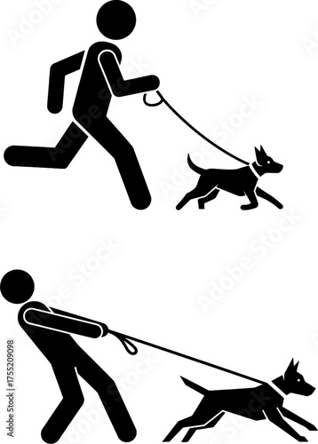 Person Running and Pulling Dog on Leash Icon Set