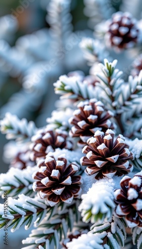 Frosted pine cones and snowy branches create a charming winter scene, perfect for festive Christmas decor, winter scene, celebration