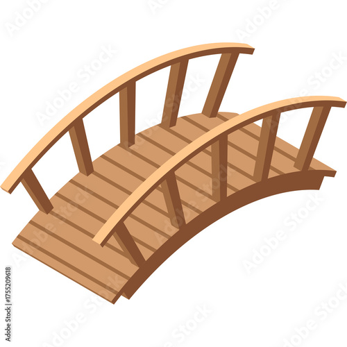 Arched Wooden Garden Bridge Isometric Vector Illustration with Transparent Background Simple Design