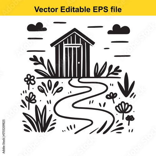 Vector art of a stylized black and white vector illustration of a small shed with a winding path through a field of flowers and grass, set against a simple background, isolated
