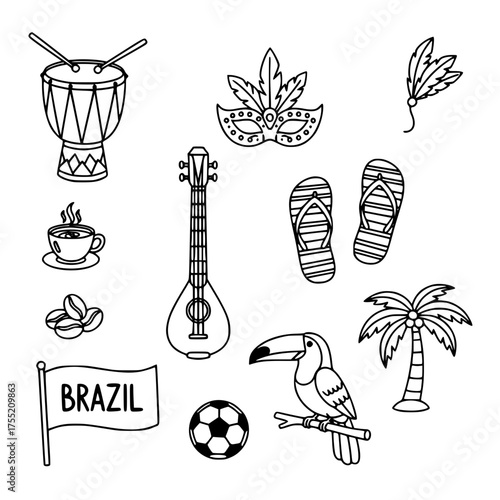 Brazil travel doodle set with toucan sandals and musical instruments outline