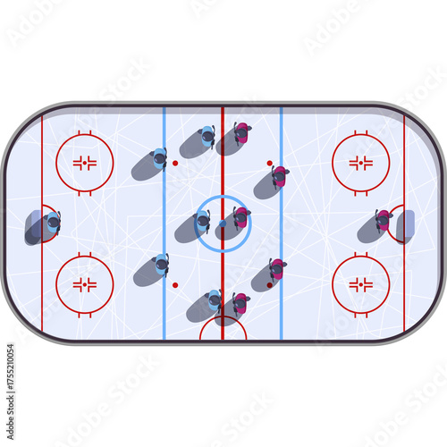 Aerial View of an Ice Hockey Game with Two Teams Competing on a Clean Ice Rink with Red and Blue Circles and Goal Nets Under Bright Lights