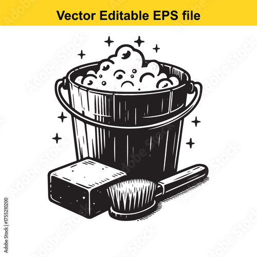 Vector art of a bucket filled with soap suds, a bar of soap, and a brush, symbolizing cleaning and hygiene