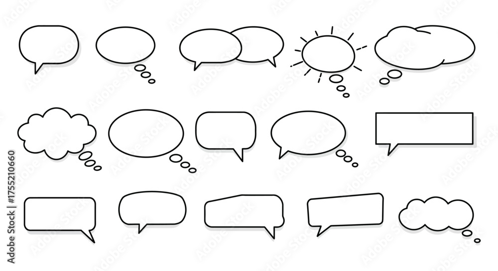 Fototapeta premium A collection of minimalist vector outlines of speech and thought bubbles in various shapes, perfect for comics, messages, or graphic design projects.