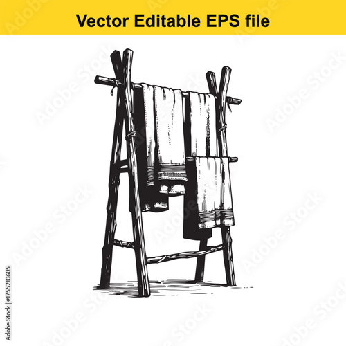 Vector art of a rustic wooden aframe towel rack with several folded towels, creating a cozy and functional aesthetic