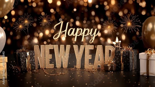 Elegant New Year celebration scene with golden balloons and gift boxes. Video.