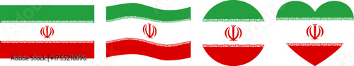 A complete vector set of Iranian national flag in four stylized variations, standard, wavy, circular and heart shapes,