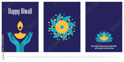 Set of three modern, vertical Happy Diwali greetings featuring abstract, geometric illustrations of a diya in cupped hands, a floral mandala, and a diya in a lotus on a dark blue background.