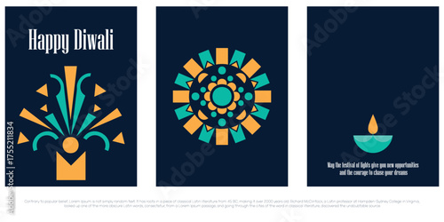 Set of three modern, vertical Happy Diwali greetings featuring abstract geometric illustrations of a festive firework burst, a circular mandala, and a simple diya lamp on a dark blue background.