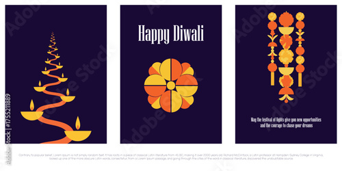 Set of three modern, vertical Happy Diwali greetings featuring abstract geometric designs: a spiraling path of diyas, a circular motif, and a decorative hanging garland.