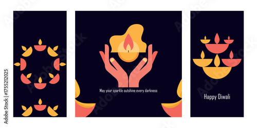 Set of three modern, vertical Diwali greetings featuring abstract geometric illustrations of glowing diya lamps, a circular arrangement, and hands holding the flame on a dark background.